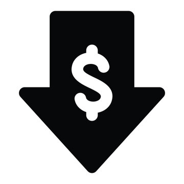 Solid glyph arrow down with currency sign, representing salary decrease and financial loss. Minimal bold black design isolated on light background.