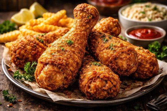 Tasty broasted mix fried chicken legs with a crunchy texture