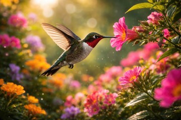 Fototapeta premium Playful hummingbird extracting nectar from lush garden blossoms