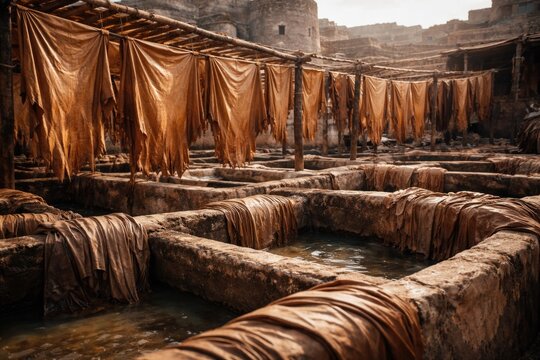 Artisan tannery process featuring air drying leather close to weathered stone vats