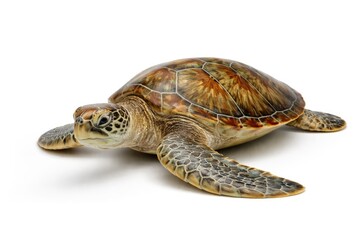 Obraz premium Single green turtle shown on a smooth white background