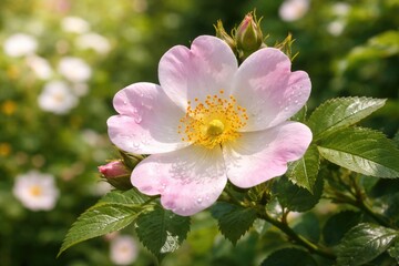 Fototapeta premium Pink Rosa Canina blossom open under sunny natural garden conditions