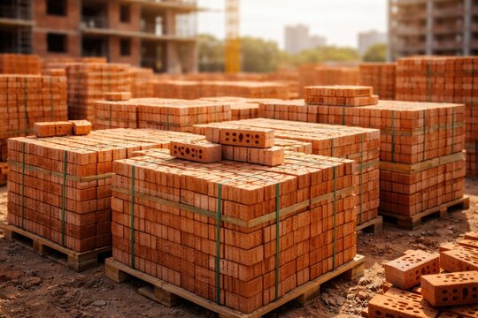 Red ceramic bricks neatly piled for structural building and housing developments