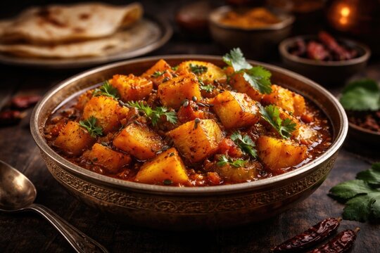 Traditional kaddu ki sabzi in a bowl with soft focused moody background