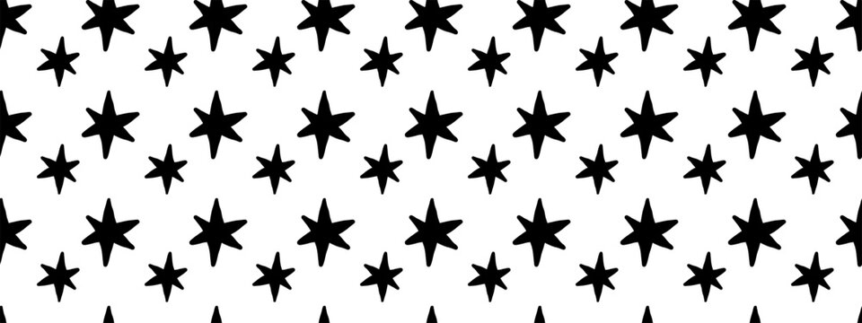 Seamless hand drawn star pattern with black abstract shapes on transparent background. Minimal doodle style texture ideal for wrapping paper, fabric, packaging, and modern design