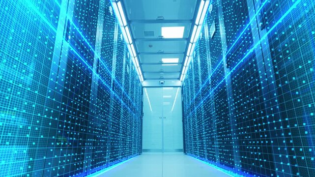 Technology line server room, high-tech data storage and scanning, computing power center and rende cluster, data center aisle lined with glow server racks, overlaid with blue digital data streams.