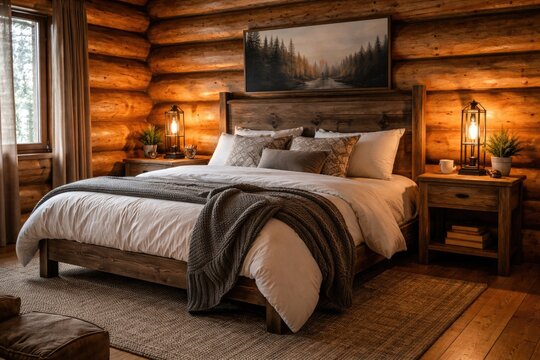 Wooden side tables and double bed in a natural log cabin bedroom setting
