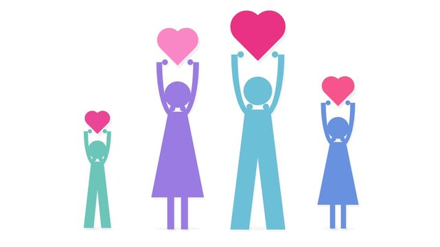 Flat Design Animation of a Family Silhouette Holding Pink Hearts Representing Love Unity and Togetherness on White Background