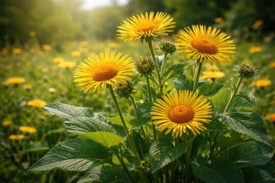 Summer day portrait of wild Inula helenium herb showing broad leaves and floral blossoms