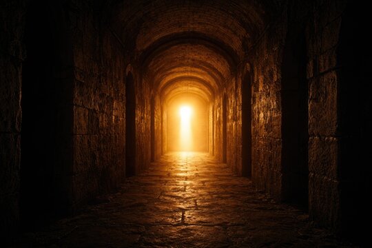 Warm light glowing at far end of passageway