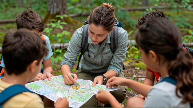 A female instructor teaches a group of children navigation skills in a forest using a map and compass. This educational outdoor activity promotes teamwork and exploration during summer camp