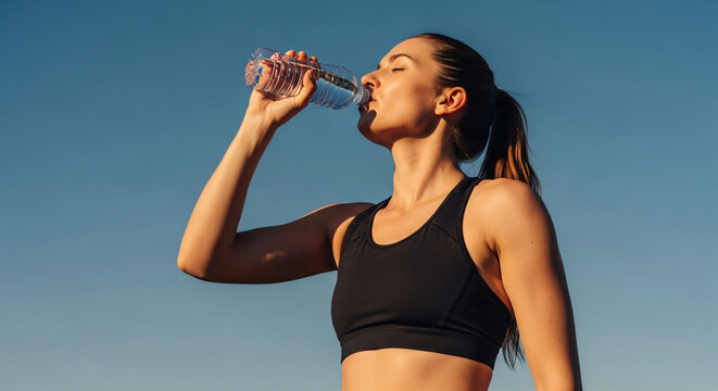Young athletic woman in black sports bra drinking water from plastic bottle in bright sunlight with clear blue sky background