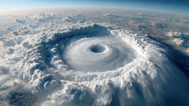 Eye of the Storm: Captivating aerial view of a powerful hurricane, showcasing the intricate spiral structure of swirling clouds and the ominous calm of its eye.