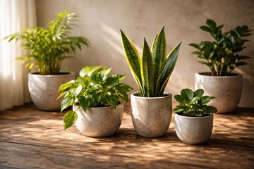 Fototapeta premium Ceramic pots featuring healthy green plants highlighted by natural sunlight on textured wood with copy space