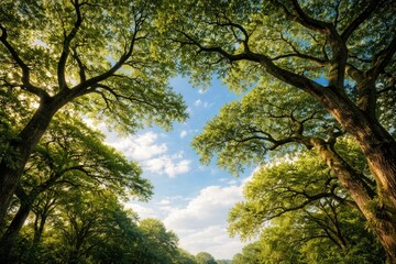 Fototapeta premium Trees with sprawling branches merging into a peaceful blue sky backdrop