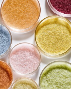 Different textured food stabilizers and emulsifiers in petri dishes showing fine powders and granular substances with distinct colors and consistencies, food technology ingredient analysis concept.