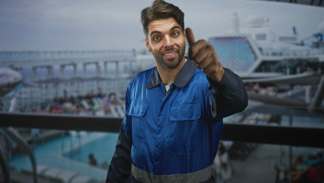 Man with beard in blue work overalls gives thumbs up with hand on cruise ship deck near pool and passengers; confidence service.
