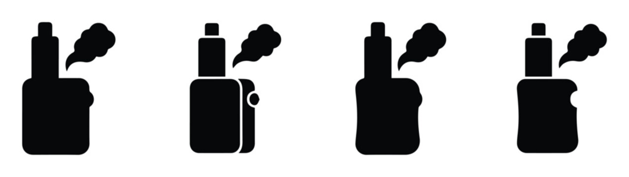 Vape mod icons set, electronic cigarette silhouettes with vapor clouds, 4 black vaping device vector elements for shop signage and web design