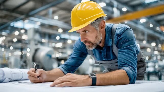 The Master Craftsman: A focused construction worker meticulously reviews blueprints, embodying dedication and precision within the industrial setting.