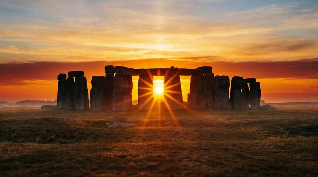 The sun rising behind the ancient monument of Stonehenge during the summer solstice, capturing the alignment of the stones with the sun