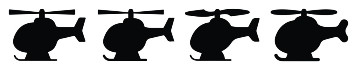 Helicopter silhouette set of 4 vector icons, black chopper aircraft profile shapes, aviation transport symbols for logistics and travel design © Hinaa