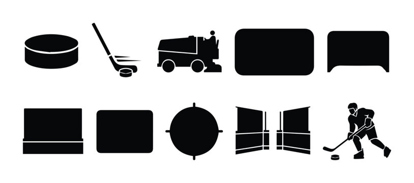 Ice hockey equipment icons set, black silhouette sports symbols with puck and stick, professional rink maintenance and player vector elements