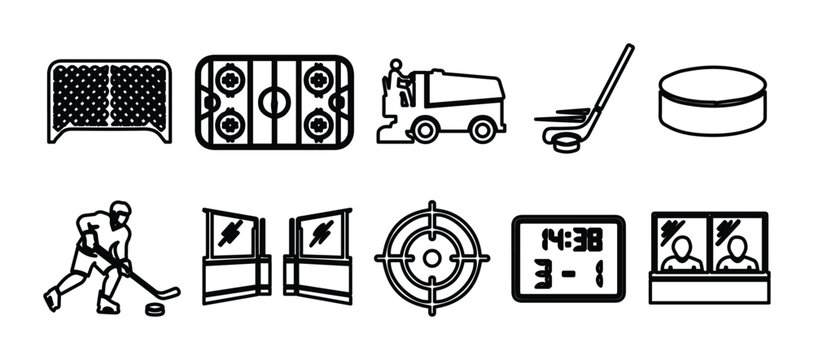 Ice hockey icons set with 10 vector elements, professional hockey equipment line art, winter sports symbols for tournament apps and athletic branding