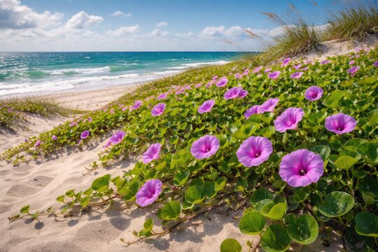 Vibrant Ipomoea pes caprae growing densely on beach dunes with salty air