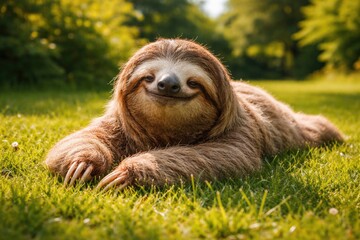 Fototapeta premium Delighted pet sloth resting on dense green grass lawn in bright summer full length scene