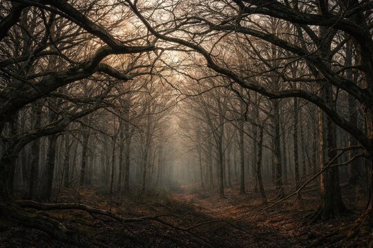 Scenic panorama highlighting interwoven leafless branches in forest