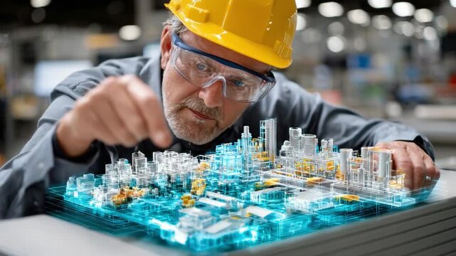Engineer's Vision: An experienced engineer, donning a safety helmet and protective eyewear, studies a holographic model of a complex industrial layout, deeply engrossed in his task.