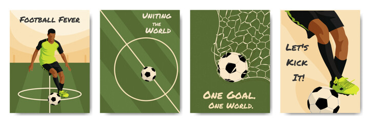 Soccer championship poster collection with grainy texture, featuring football player, ball and motivational quotes, vector illustration © Nata Diakova