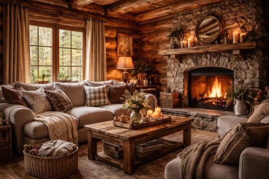 Rustic log cabin living area showcasing farmhouse decor and comfortable sofa setup