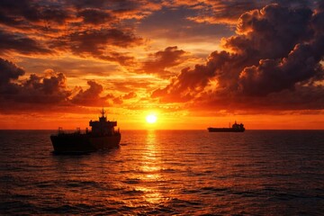 Obraz premium Glowing ocean horizon at sunset with silhouette of oil tankers and vibrant cloud formations