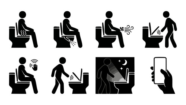 Smart Toilet Functions Icons Set, Automatic Sensor Features for Modern Restroom Technology, Touchless Bathroom Fixtures, Hygiene Controls and Night Light Settings, Pictogram Collection for Home Automa