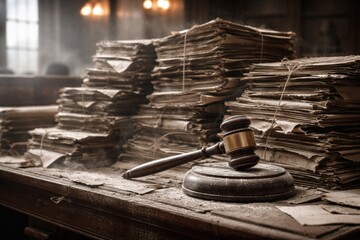 Obraz premium Dust coated files piled high on table with gavel highlighting postponed court matters