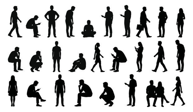 Casual people silhouettes standing and sitting in various poses | diverse group of men and women for architectural scale projects | flat vector icon set