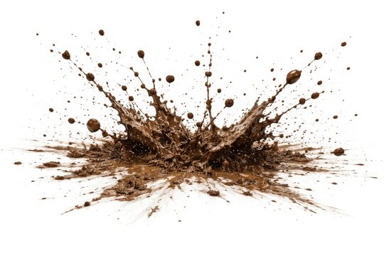 Random mud droplet spray on smooth white surface with isolated clipping path