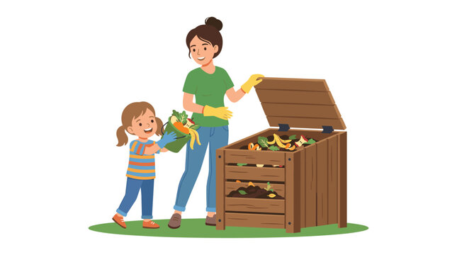 Mother and daughter wearing gloves opening a wooden compost bin lid to dump organic kitchen waste scraps into the fertilizer box set on a plain white studio background.