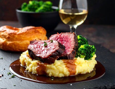 Roast beef slices atop creamy mashed potatoes with rich gravy, side of Yorkshire pudding and broccoli