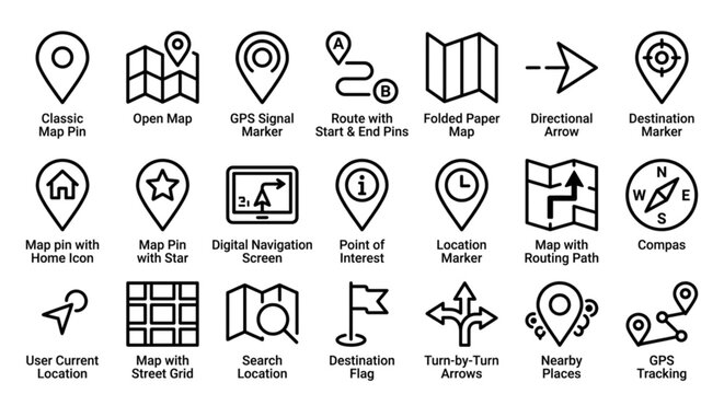 A set of clean, minimalist icons representing various navigation elements like map pins, routes, and compasses.