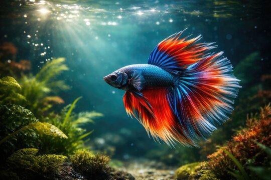 Vibrant underwater image featuring a Betta splendens fish with copy space