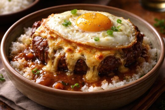 Comfort food loco moco bowl with melted cheese and rich gravy