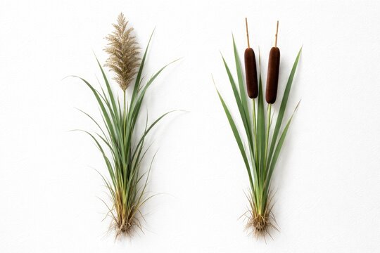 Reed and cattail plants displayed individually on a white textured background