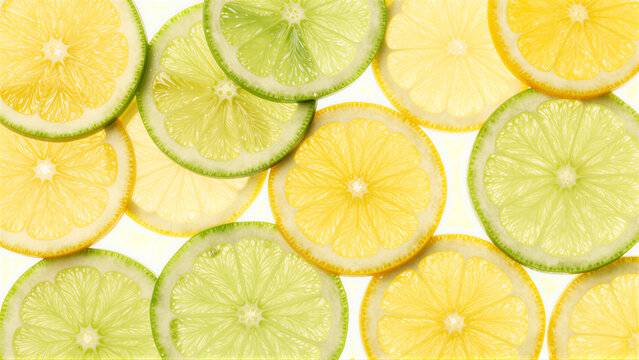 Vibrant composition of translucent lemon and lime slice pattern on a white background. Macro view captures detailed fruit pulp texture and refreshing citrus colors for a summer design