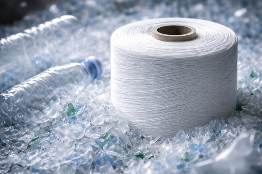 Composition of crushed plastic bottle flakes featuring white polyester yarn spool