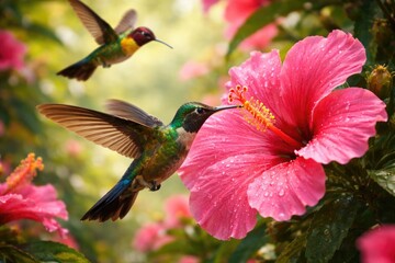 Obraz premium Lively hummingbirds interacting with radiant pink flower in vivid natural habitat
