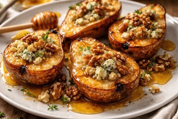Fototapeta premium Sweet roasted pears with tangy blue cheese walnuts and honey glaze on white dish