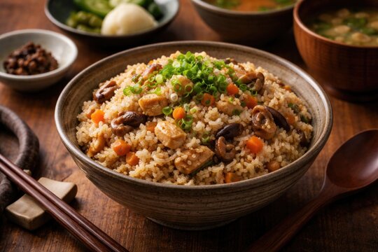 Wooden table setting featuring traditional gomoku takikomi rice garnished with scallions