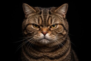 Obraz premium Irritated British tabby cat framed by a pure black backdrop